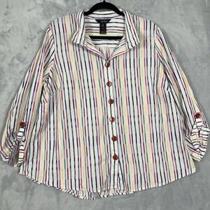 Ali Miles Womens Striped Button Up Collared Shirt 1X Career Boxy Coastal Cotton‎
